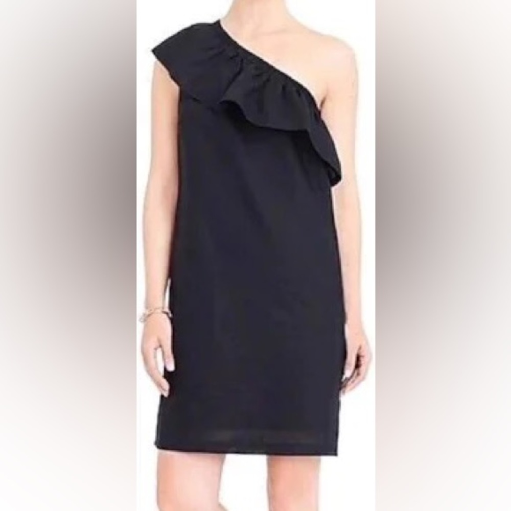 J. Crew Black One Shoulder Ruffle Linen Dress Women Small NWT